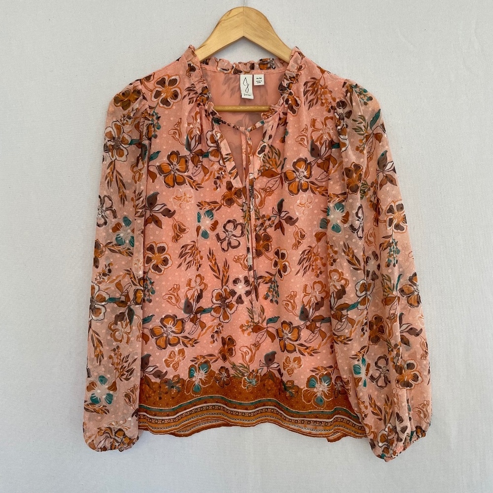 Joie Size Medium Peach Floral Swiss Dot Balloon Sleeve Semi Sheer Lined Blouse